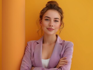 Fototapeta premium A cheerful businesswoman in a purple blazer is confidently leaning against an orange column, set against a vibrant yellow background.