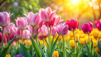 Obraz premium A vibrant row of spring tulips in a garden bed, with petals in shades of pink and yellow, gently swaying in the breeze , Floral Arrangement, Nature Photography