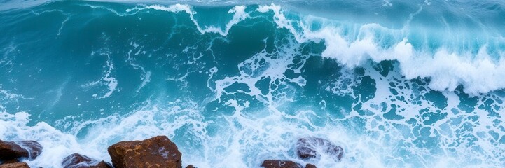 Fototapeta premium Powerful sea water ocean wave crashing on rocky shore during storm, crashing, storm