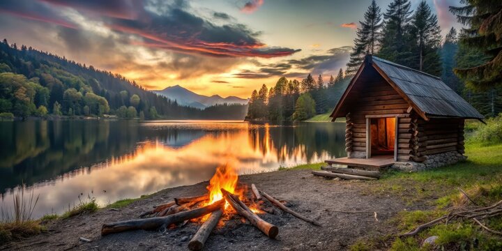 Eine einsame H?tte am See mit einem Holzfeuer in der Hintergrund, fire, hut,  fire