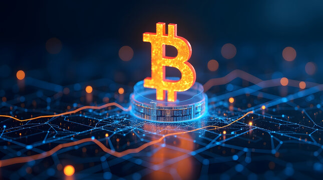 A glowing Bitcoin symbol hovering above a futuristic digital grid, surrounded by neon blue and gold lights. The background features abstract data streams and blockchain-inspired patterns