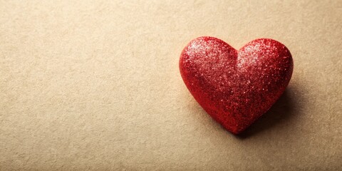 Glittering red heart on a neutral-colored paper background with subtle texture , Valentine's Day, love