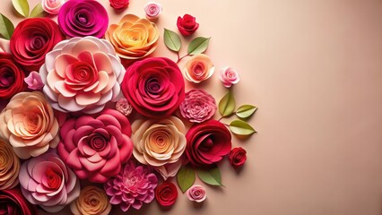 Obraz premium A vibrant floral arrangement composed of multiple layers of colorful paper roses in various shades of pink and red against a neutral colored backdrop, bouquet, floral arrangement