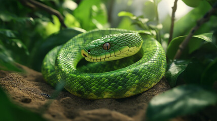 Green snake coiled on soft soil amidst lush greenery, illuminated by natural sunlight in a tropical setting