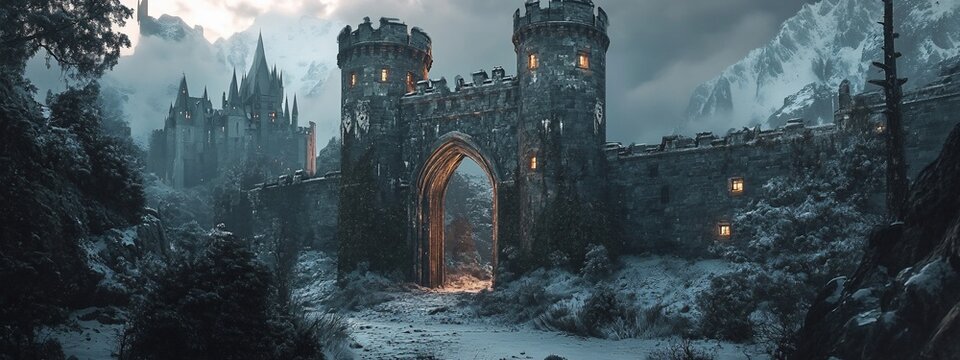 Snow-covered medieval castle gate, pathway leading to a distant fortress, winter landscape.