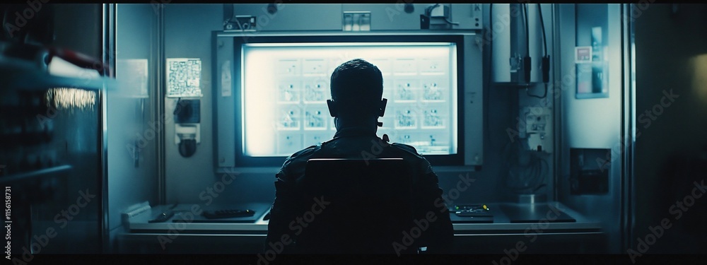 Poster Person sits in dark room before large monitor displaying grid of images.