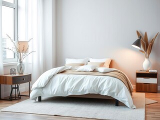 Emerald green and golden poster above king size bed with headboard and dark green pillows, comfortable, relax, design
