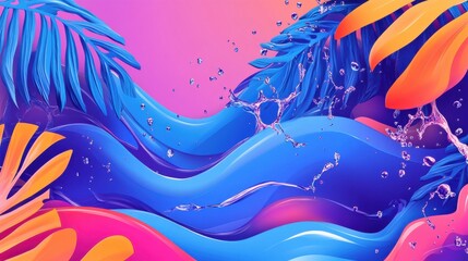 Vibrant blue waves crash against tropical leaves in this summery digital art.