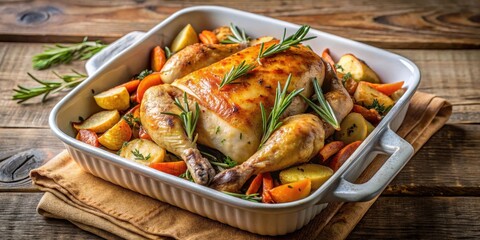 Roasted chicken with carrots, potatoes and parsnips in a baking dish , cooking, meal,  cooking, meal