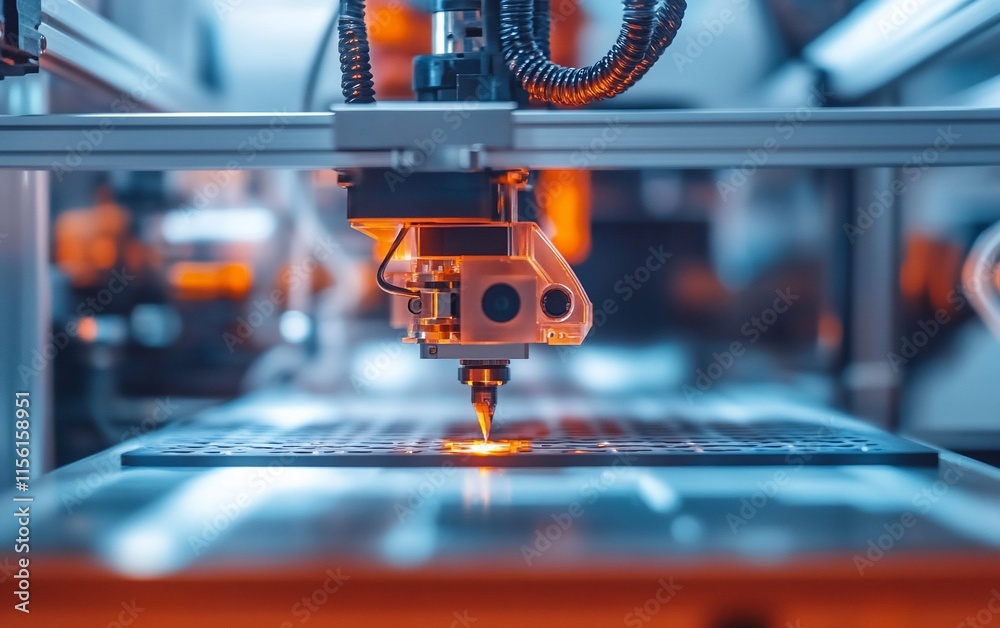 Aufkleber close-up of a robotic arm precisely applying material onto a surface during a manufacturing process.