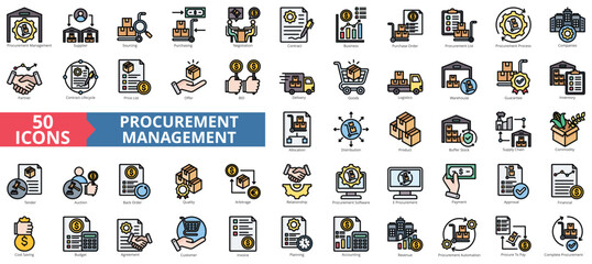 Procurement management icon collection set. Containing supplier, sourcing, purchasing, negotiation, contract, business, purchase order icon. Simple flat outline vector illustration