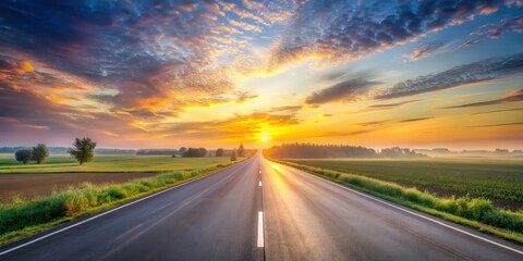 Naklejka premium A serene landscape of a sunrise sky with asphalt highways and rural roads