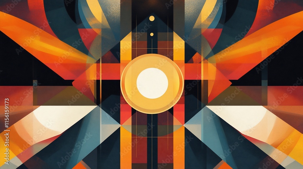 Poster Abstract geometric artwork with warm color palette, featuring overlapping shapes and symmetrical design.