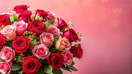 A vibrant and lush floral arrangement against a soft pink background with stunning red roses in full bloom, creating a warm and inviting atmosphere , flowers wall background, roses