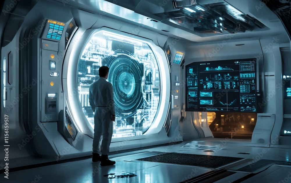 Poster a man in a white suit stands in a futuristic spaceship interior, gazing at a large circular window w