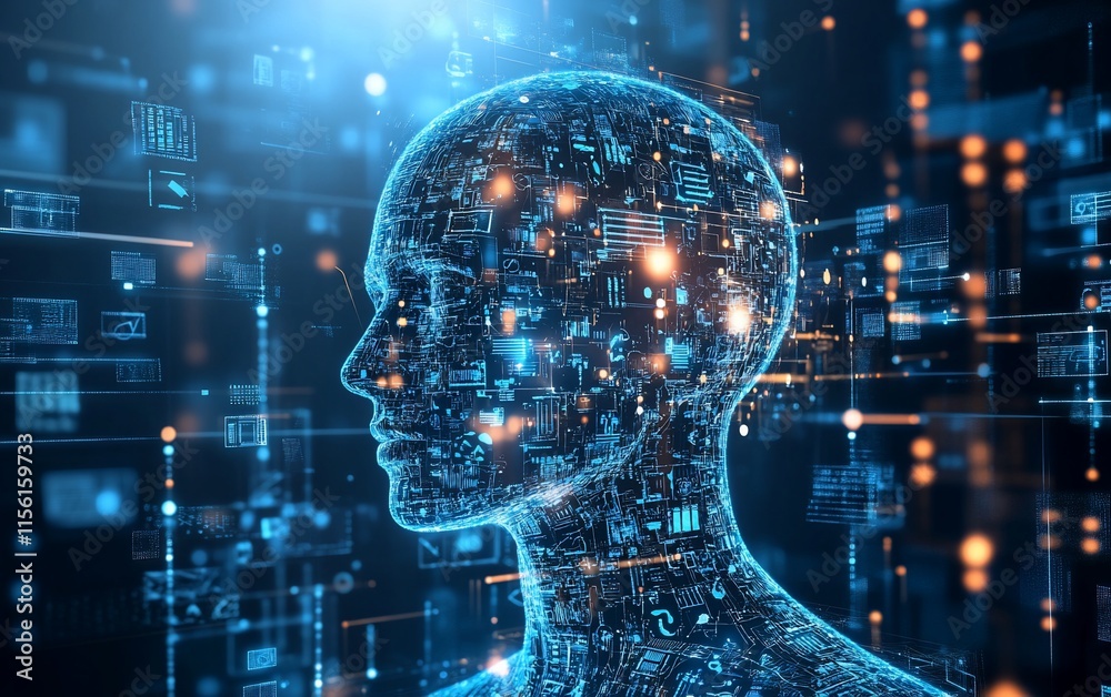 Poster abstract digital human head with glowing data streams and network connections, representing ai, tech