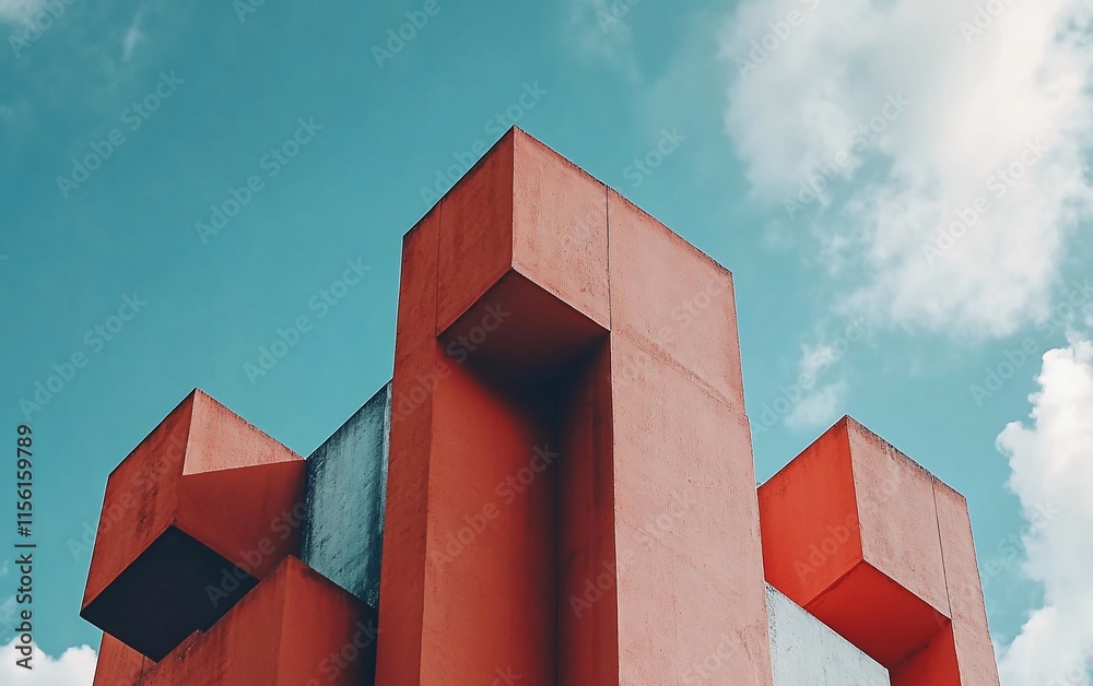 Poster Low angle view of abstract red concrete structure against a blue sky with clouds.