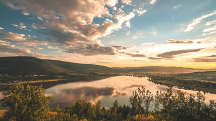 Obraz premium A calm sky with scattered clouds reflecting golden light during the golden hour, casting soft shadows over the landscape, creating a serene and tranquil atmosphere perfect for nature photography. 