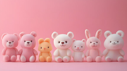 Adorable Plush Toys Sitting Together On Pink Background