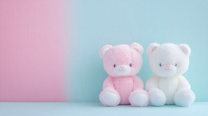 Obraz premium Two Plush Teddy Bears Sitting Against Pastel Background