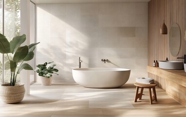 Modern minimalist bathroom with freestanding bathtub, wooden accents, and large window.