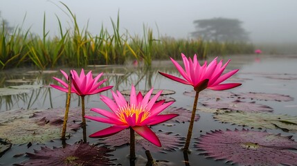 Pink water lilies blooming in a misty pond at dawn.