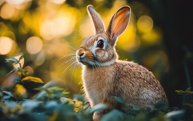 Fototapeta premium A cute brown rabbit sits amidst lush green foliage, bathed in warm golden sunlight.