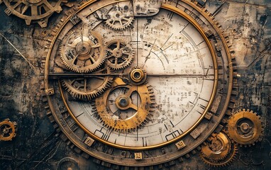 Obraz premium Close-up of a vintage, intricate clock mechanism with gears, showing signs of age and wear.