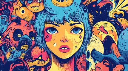 Girl's face surrounded by colorful abstract creatures.