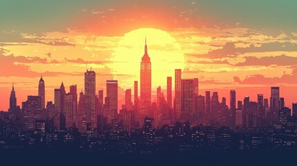 Fototapeta premium A vibrant sunset over a city skyline featuring tall buildings and a prominent tower.