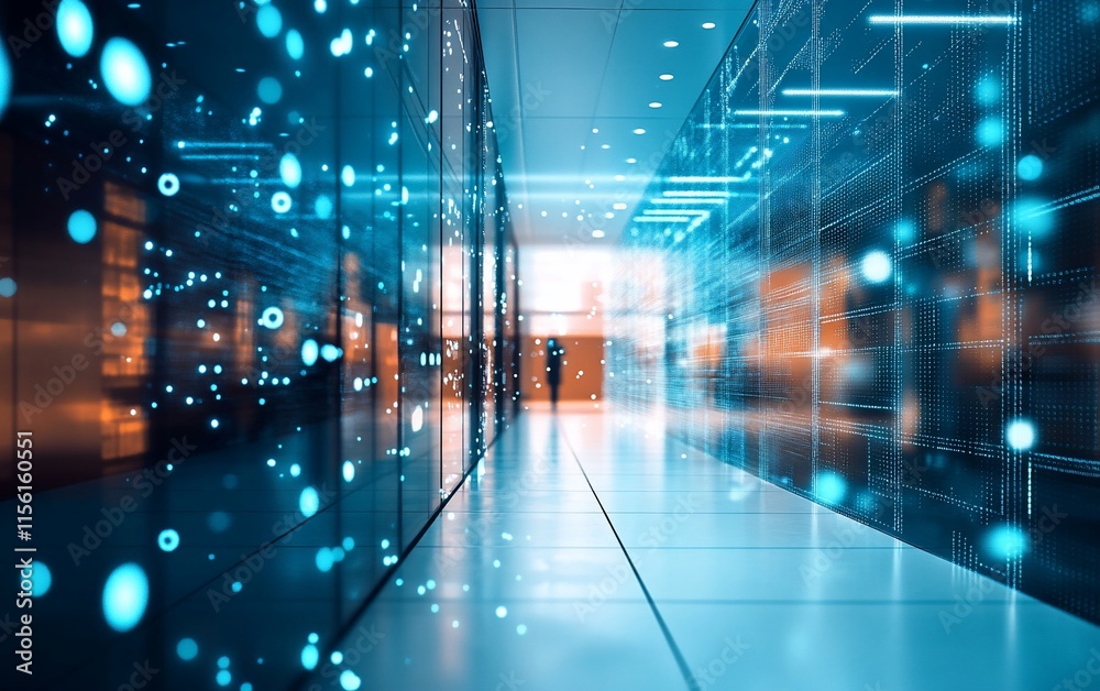 Poster person walking down a futuristic server room corridor with glowing data streams.