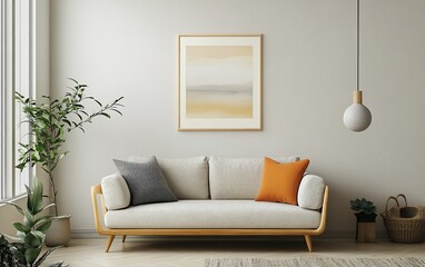 Minimalist living room interior with light beige sofa, artwork, plants, and pendant lamp.