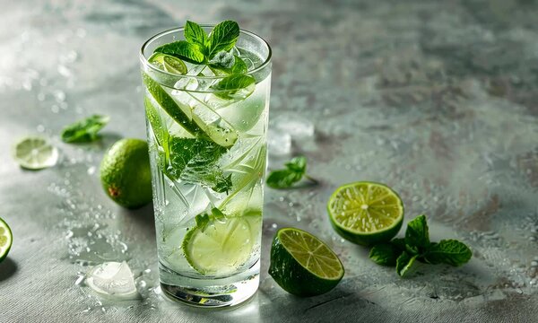 Refreshing lime and mint drink with ice in tall glass on textured surface