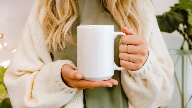 Woman Holding a 15 oz Mug