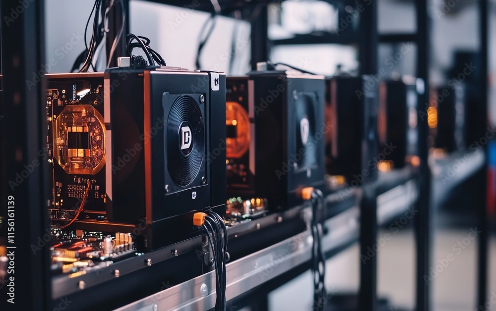 Aufkleber Close-up of multiple mining rigs in a data center, showcasing intricate hardware and wiring.