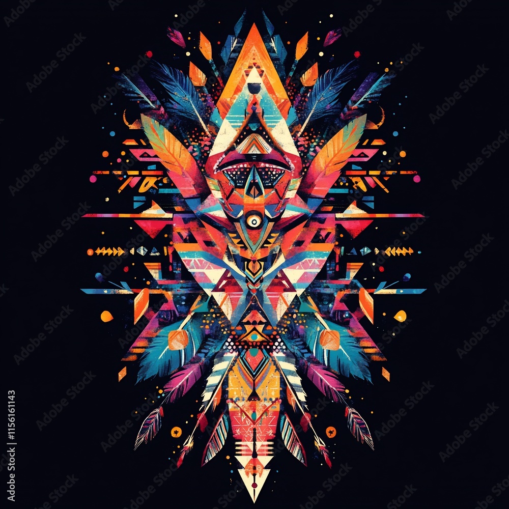 Poster vibrant symmetrical abstract art with feathers, arrows, and geometric patterns on a black background