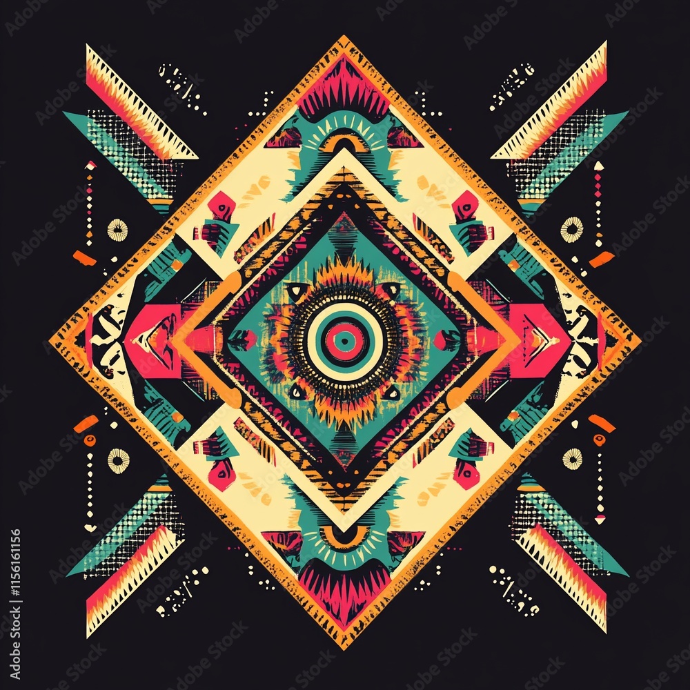 Poster Vibrant geometric pattern with symmetrical design elements, creating a colorful mandala-like effect on a dark background.