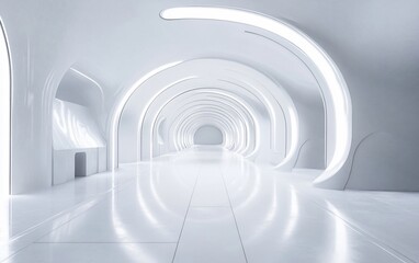 Obraz premium Futuristic white corridor with glowing arches and reflective floor.