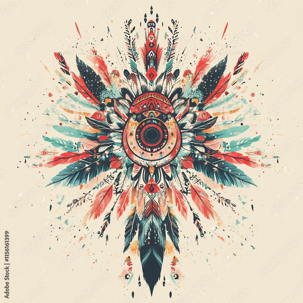 Poster Symmetrical abstract art with feathers, geometric shapes, and a central circular element in warm colors on a beige background.