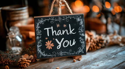 A chalkboard-style "Thank You" message with decorative floral doodles, set on a rustic wooden table