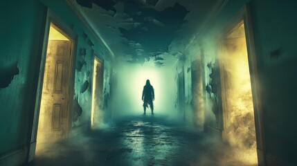 Eerie hallway with shadowy figure illuminated by glowing doors and misty atmosphere perfect for horror mystery thriller supernatural and cinematic scenes