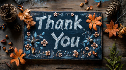 A chalkboard-style "Thank You" message with decorative floral doodles, set on a rustic wooden table