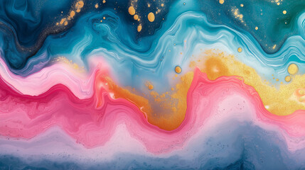 A fusion of liquid colors: blue, pink, green, and gold, reminiscent of acrylic pours; vibrant hues and smooth transitions form a harmonious abstract artwork.