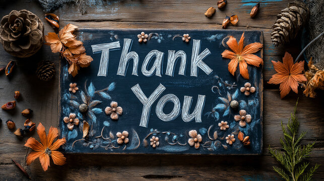 A chalkboard-style "Thank You" message with decorative floral doodles, set on a rustic wooden table