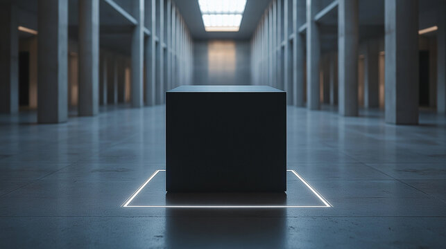 A minimalist mystery box with a matte black surface, faintly pulsating white lines forming cryptic patterns, set in a futuristic gallery