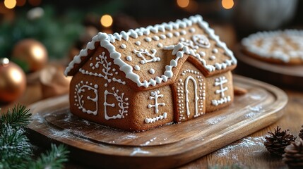 Decorated Gingerbread House On Wooden Board