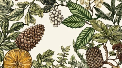 Botanical illustration of winter plants, pine cones, orange slice, and berries arranged in a circular frame on a cream background.