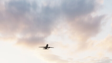 ULTRA HD. Airplane flies in sunset sky. Travel. Airplane takes off against the background of sunset...
