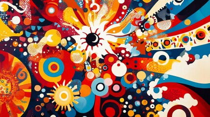 Fototapeta premium Abstract vibrant colorful painting with geometric shapes, swirls, and sun motifs.