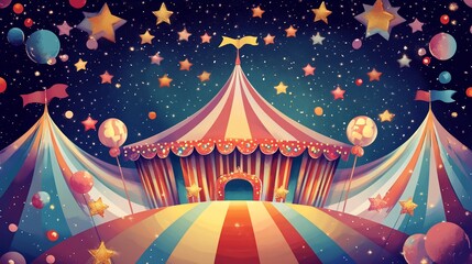 A whimsical circus tent under a starry night sky, with colorful balloons and flags.